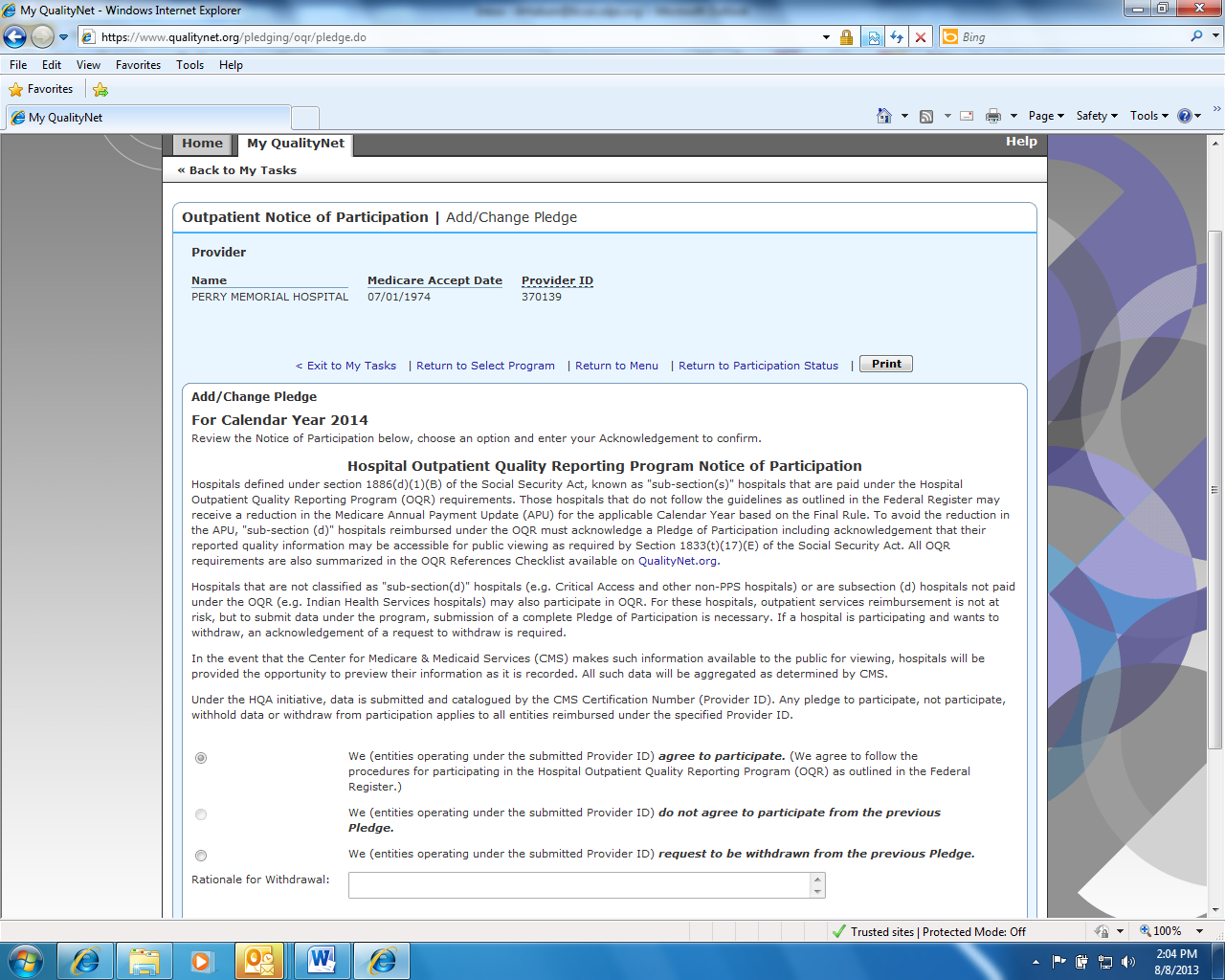 Screenshot of QualityNet.org: Add/change pledge for calendar year 2014 - Hospital Outpatient Quality Reporting Program Notice of Participation. Top half of the page (refer to next picture).