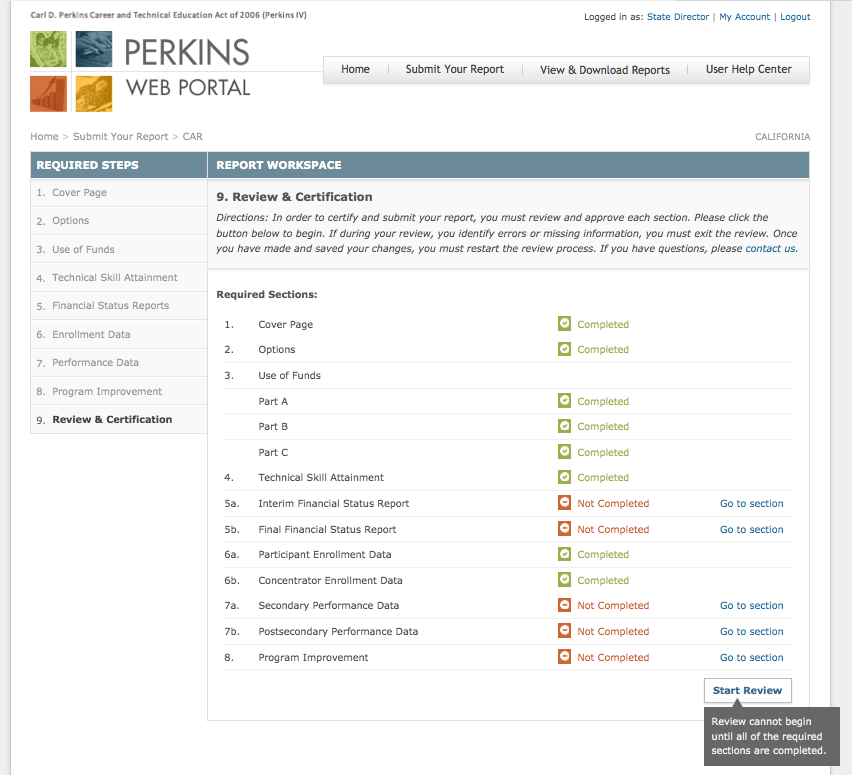 Screenshot of the Review and Certification section