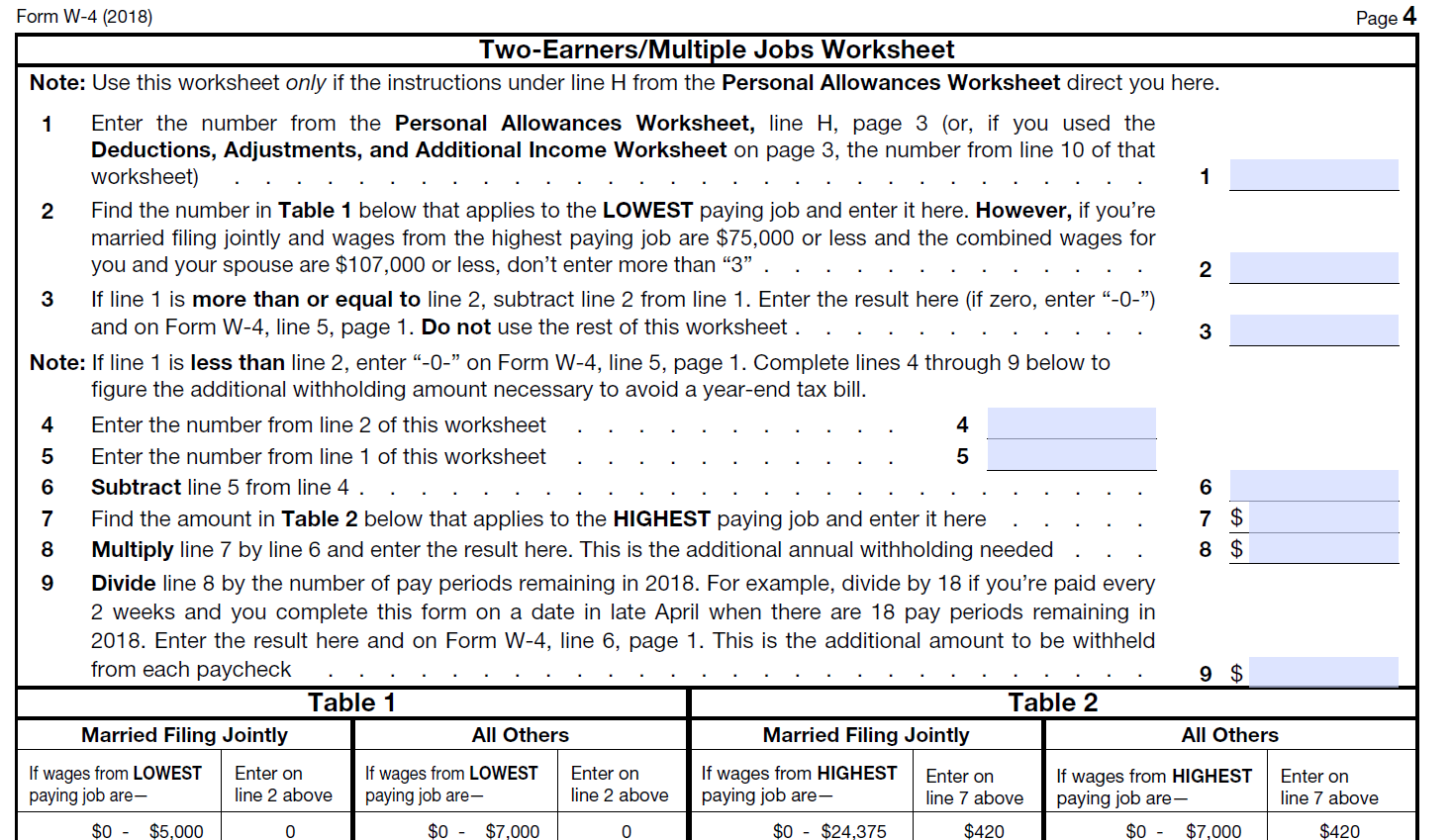 Form W4 Multiple Earner's Worksheet Screenshot