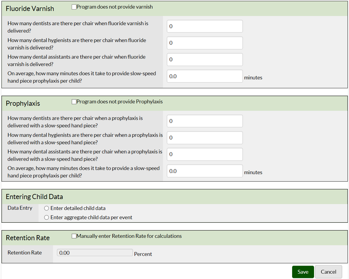 Screenshot of SEALS Program Options page Data entry section as described in text