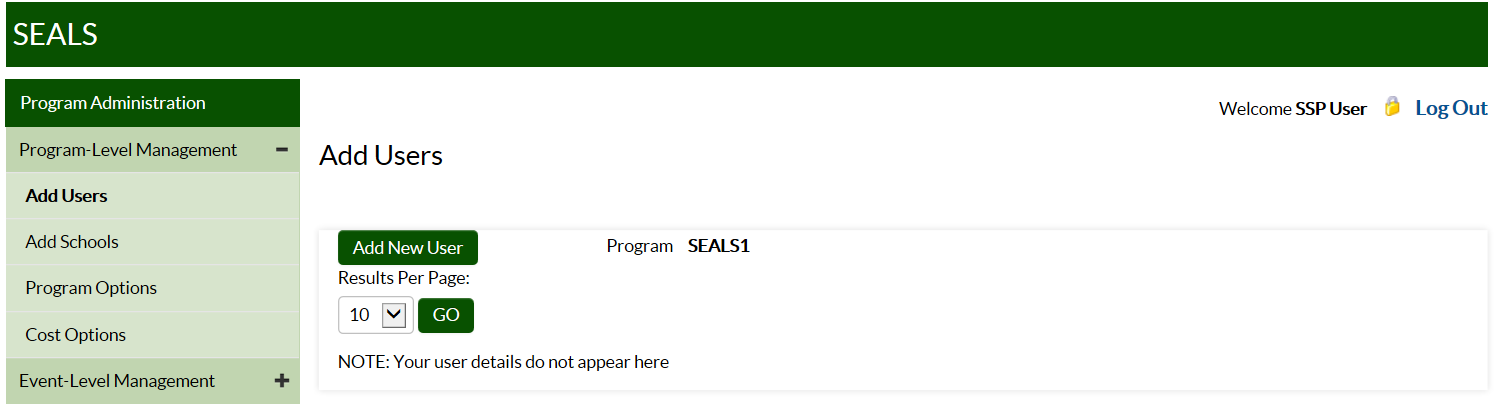 Screenshot of SEALS Add Users page