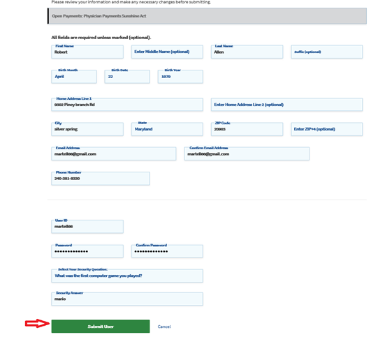 New User Registration Summary Page