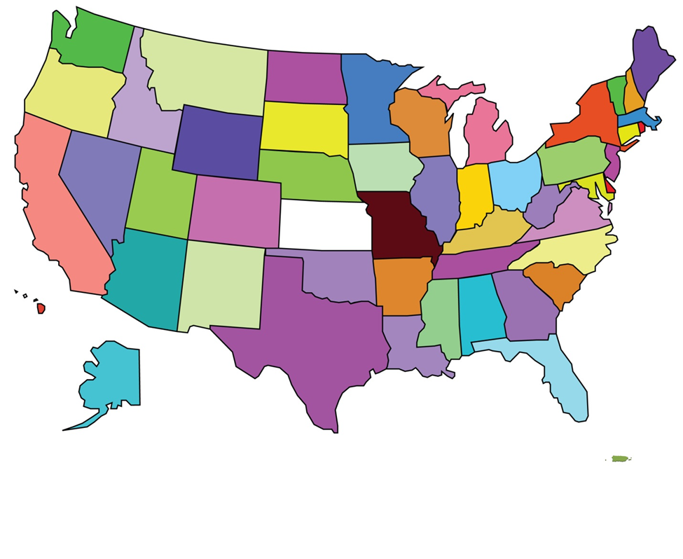 Map of the United States, including Puerto Rico.