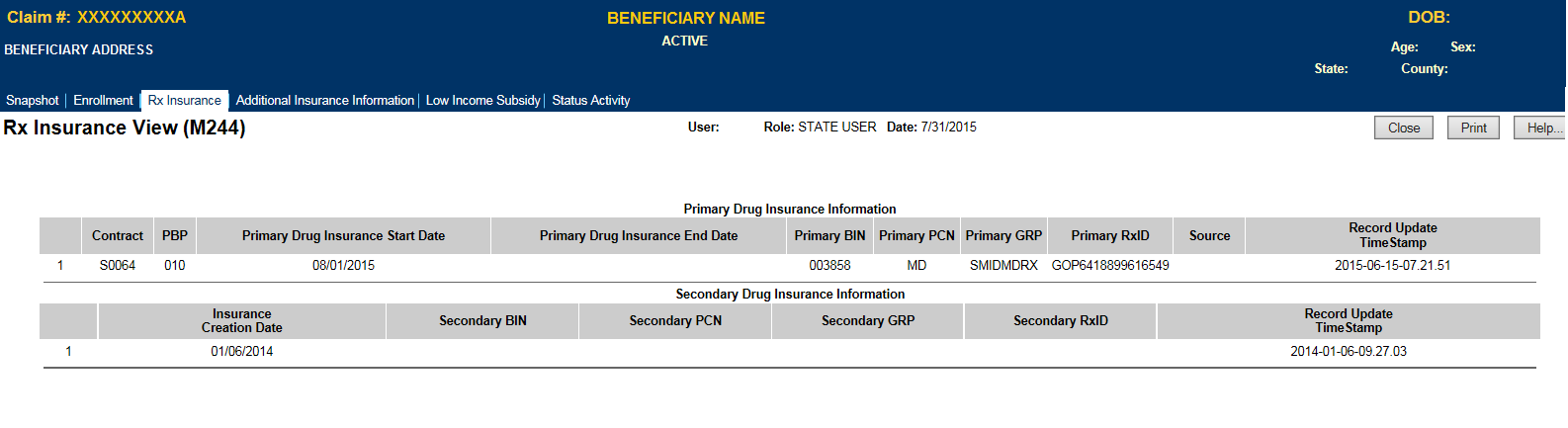 Rx Insurance View (M244) Screen 