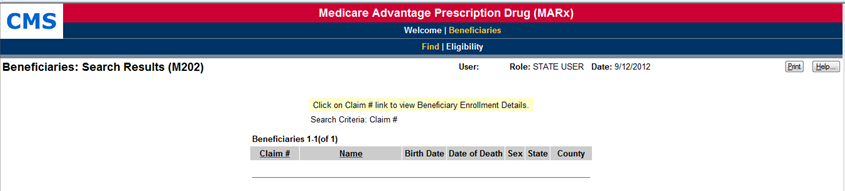 State User Beneficiaries: Search Results (M202) Screen