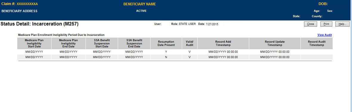 Status Detail  ̶  Incarceration (M257) Screen