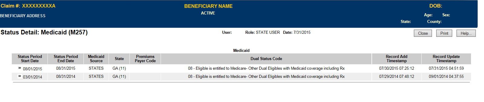 State User Status Detail Valid Record (M257) Screen