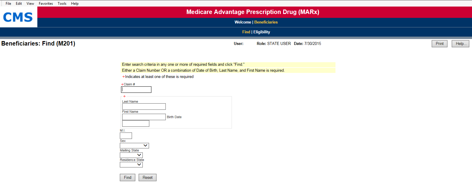 State User Beneficiaries: Find (M201) Screen